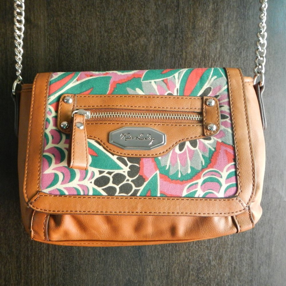 Kate Landry Brown Faux Leather with Floral Pattern Chain/Leather Strap Purse